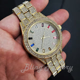 Men's Iced Luxury Multi Color Accent Bling Gold Tone Lab Diamond Bracelet Watch