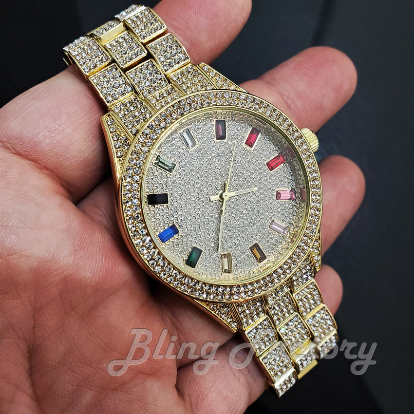 Men's Iced Luxury Multi Color Accent Bling Gold Tone Lab Diamond Bracelet Watch