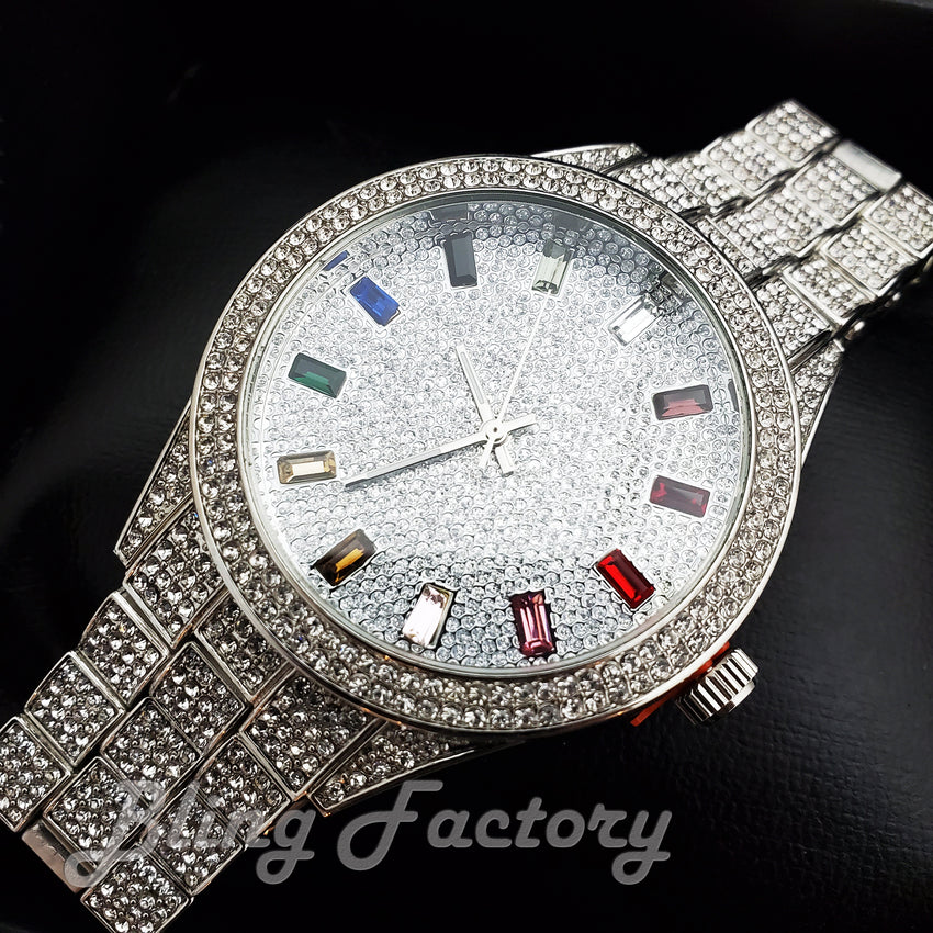 Men's Iced Luxury Multi Color Accent Bling White Gold Tone Lab Diamond Bracelet Watch