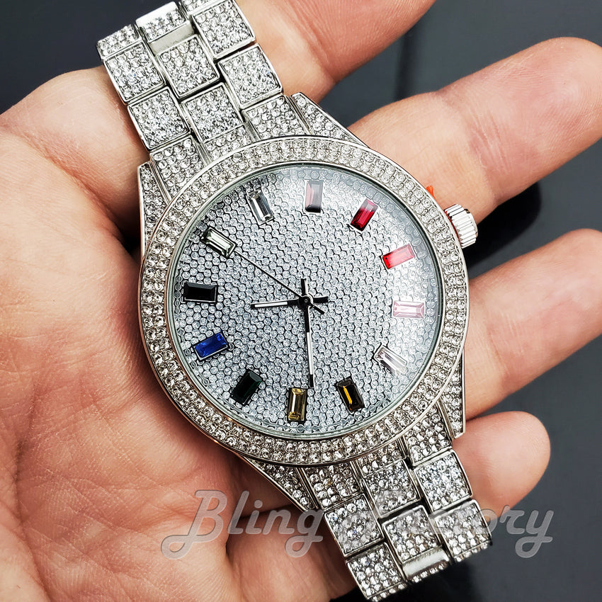 Men's Iced Luxury Multi Color Accent Bling White Gold Tone Lab Diamond Bracelet Watch