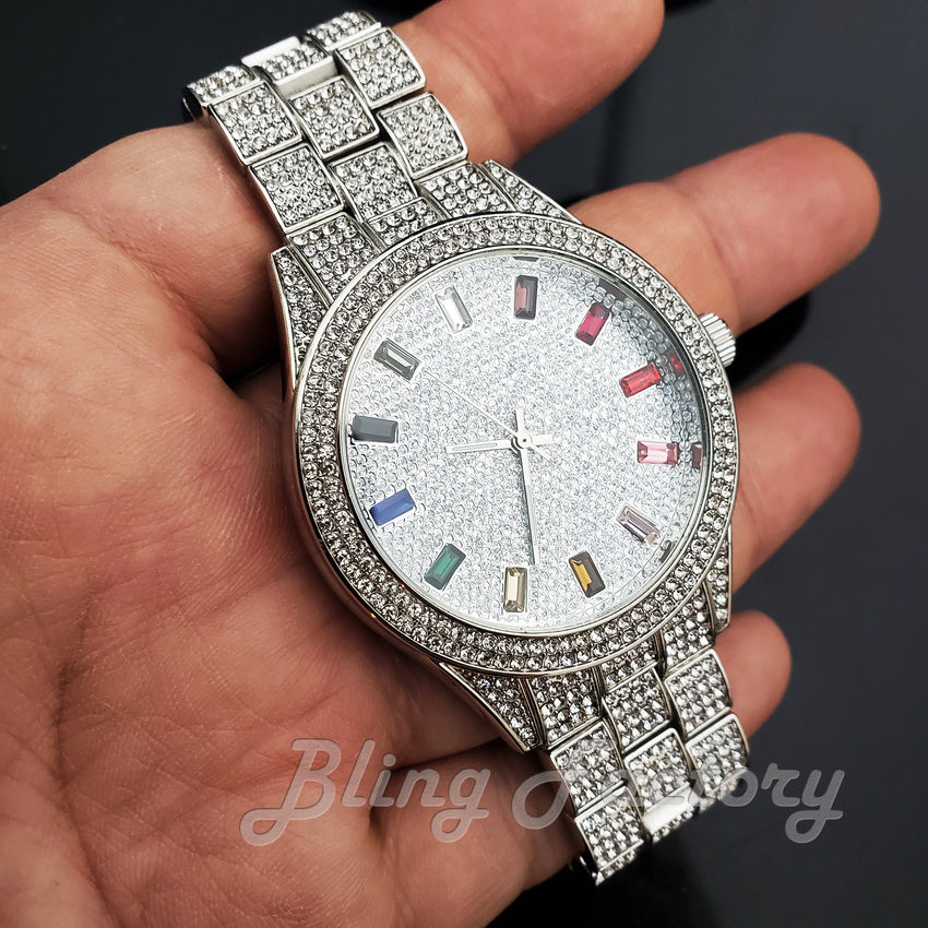 Men's Iced Luxury Multi Color Accent Bling White Gold Tone Lab Diamond Bracelet Watch