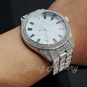 Men's Iced Luxury Multi Color Accent Bling White Gold Tone Lab Diamond Bracelet Watch