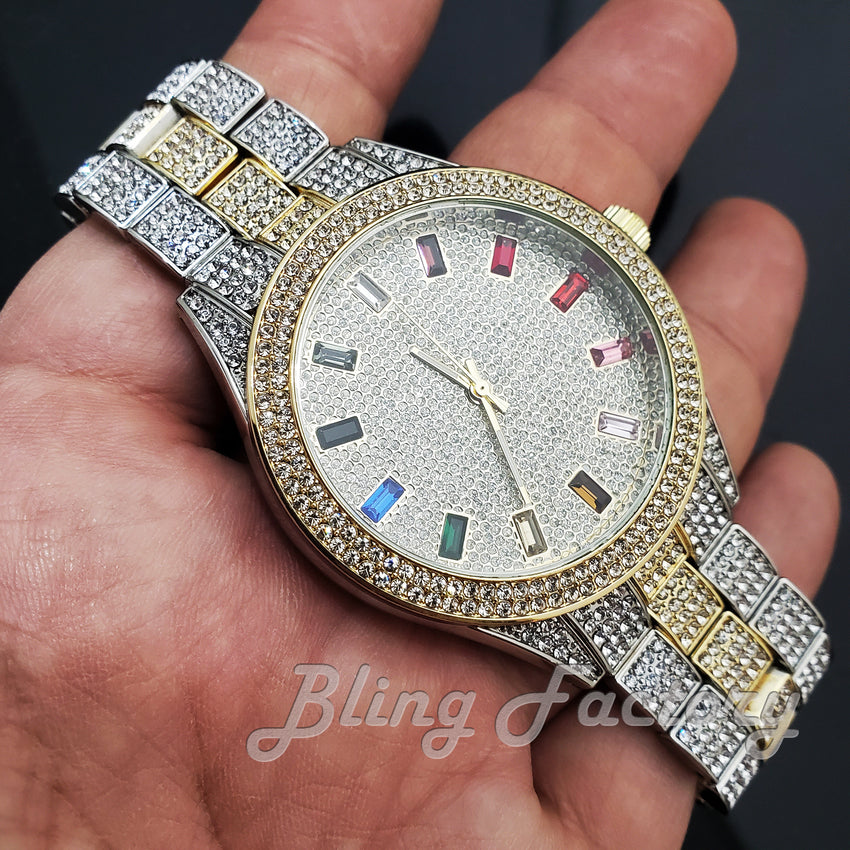 Men's Iced Luxury Multi Color Accent Bling Two Tone Lab Diamond Bracelet Watch