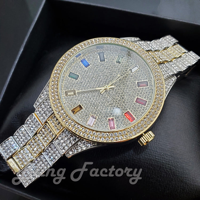 Men's Iced Luxury Multi Color Accent Bling Two Tone Lab Diamond Bracelet Watch