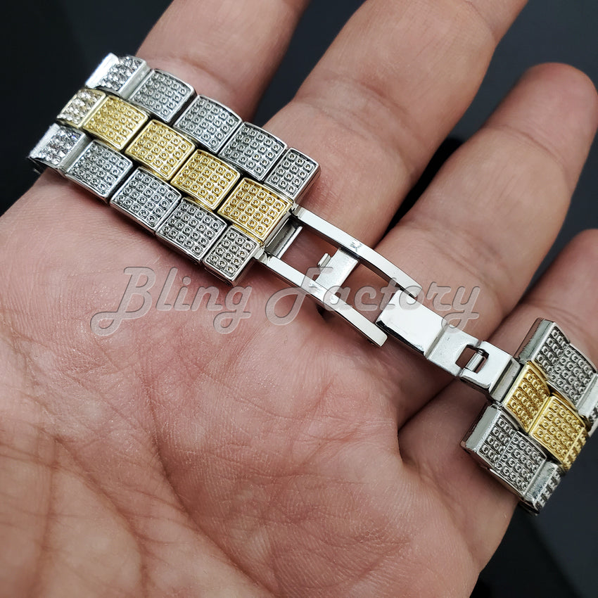 Men's Iced Luxury Multi Color Accent Bling Two Tone Lab Diamond Bracelet Watch