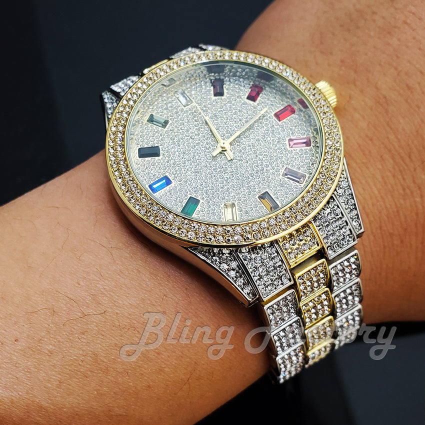 Men's Iced Luxury Multi Color Accent Bling Two Tone Lab Diamond Bracelet Watch
