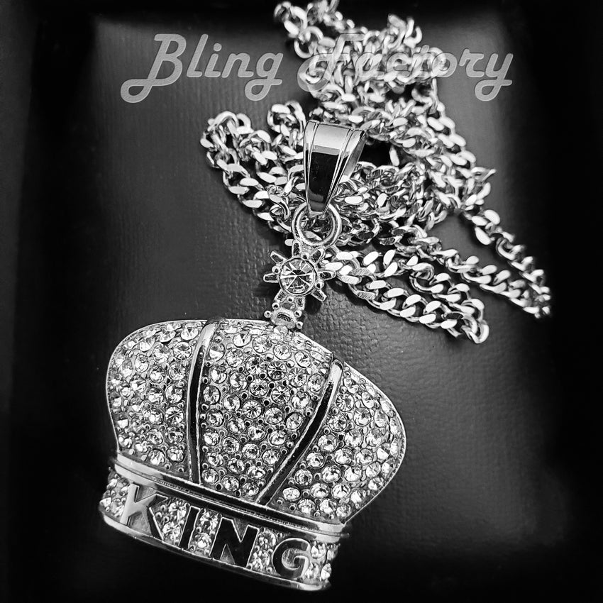 Hip Hop Stainless Steel KING CROWN Pendant & 3mm 18" 20" 24" Cuban Chain Necklace