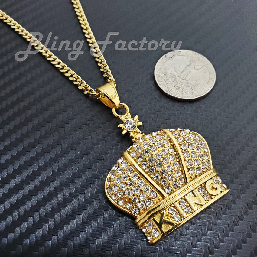 Hip Hop Stainless Steel KING CROWN Pendant & 3mm 18" 20" 24" Cuban Chain Necklace