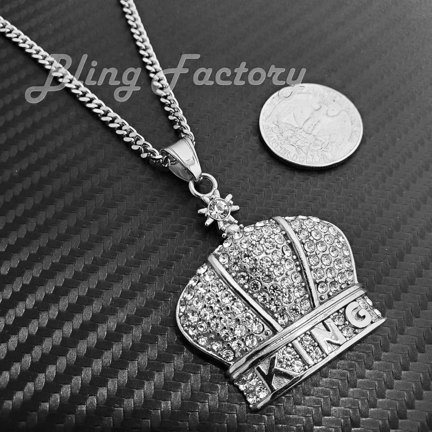 Hip Hop Stainless Steel KING CROWN Pendant & 3mm 18" 20" 24" Cuban Chain Necklace