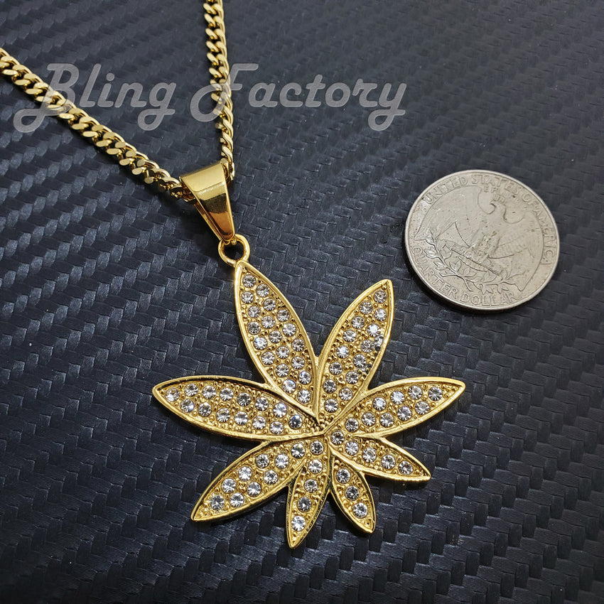 Copy of Hip Hop Stainless Steel Marijuana Weed Leaf Pendant & 3mm 18" 20" 24" Cuban Chain Necklace