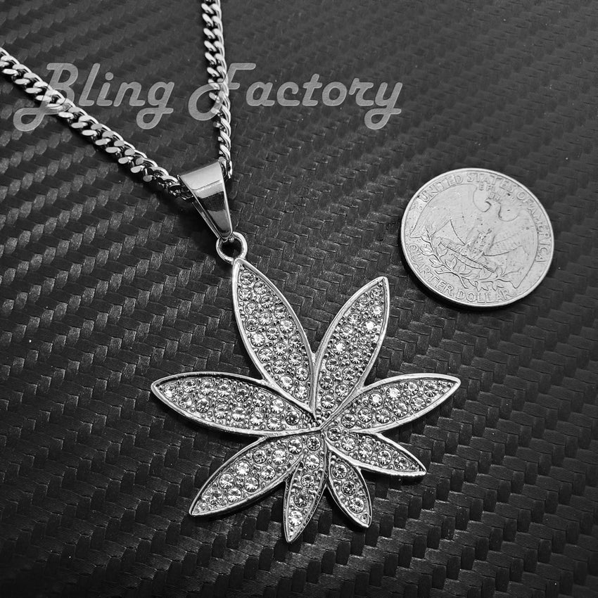 Copy of Hip Hop Stainless Steel Marijuana Weed Leaf Pendant & 3mm 18" 20" 24" Cuban Chain Necklace