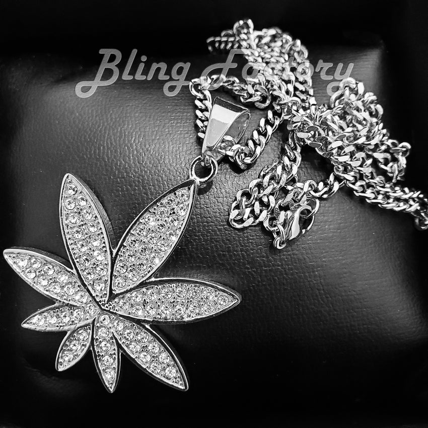 Copy of Hip Hop Stainless Steel Marijuana Weed Leaf Pendant & 3mm 18" 20" 24" Cuban Chain Necklace