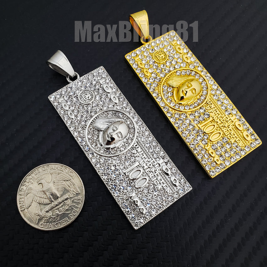 Iced Stainless steel $100 Hundred dollar Money Bill Benjamin Large Charm Pendant #4234G