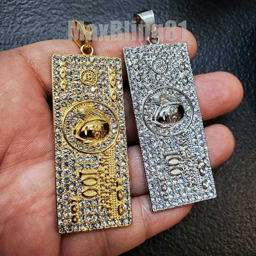 Iced Stainless steel $100 Hundred dollar Money Bill Benjamin Large Charm Pendant #4234G