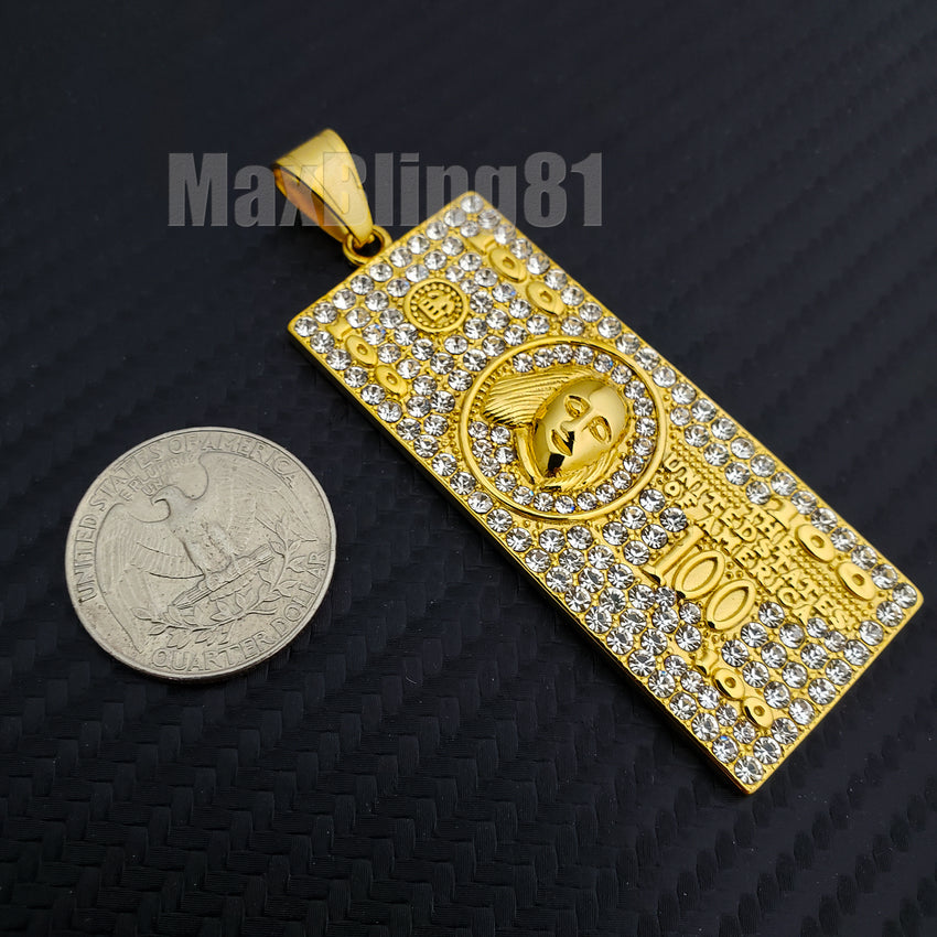 Iced Stainless steel $100 Hundred dollar Money Bill Benjamin Large Charm Pendant #4234G