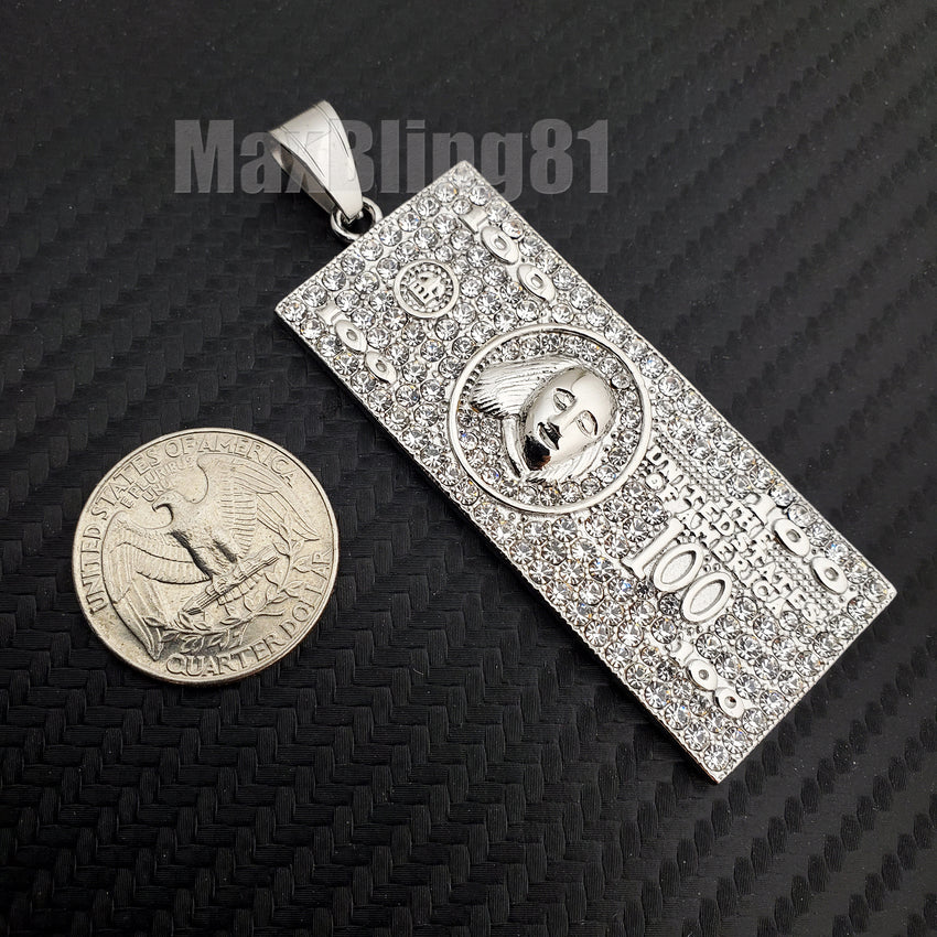 Iced Stainless steel $100 Hundred dollar Money Bill Benjamin Large Charm Pendant #4234G
