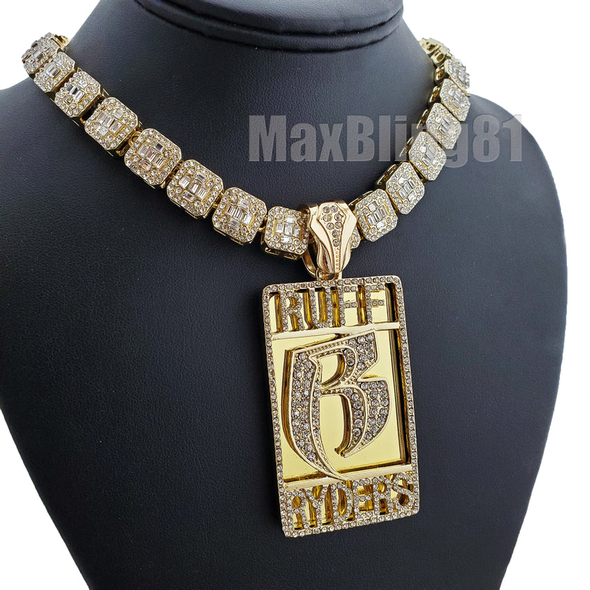 Gold Plated DMX RUFF RYDERS Pendant & 12mm 16" 18" Full Iced Baguette Choker Chain Necklace