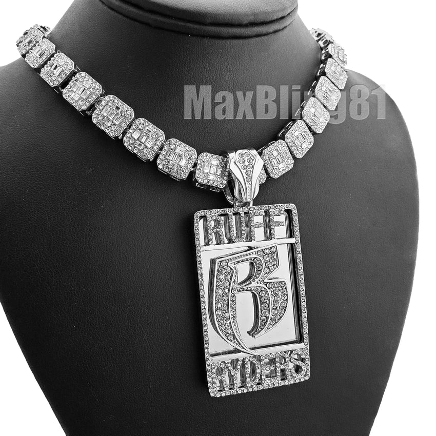 Silver Plated DMX RUFF RYDERS Pendant & 12mm 16" 18" Full Iced Baguette Choker Chain Necklace