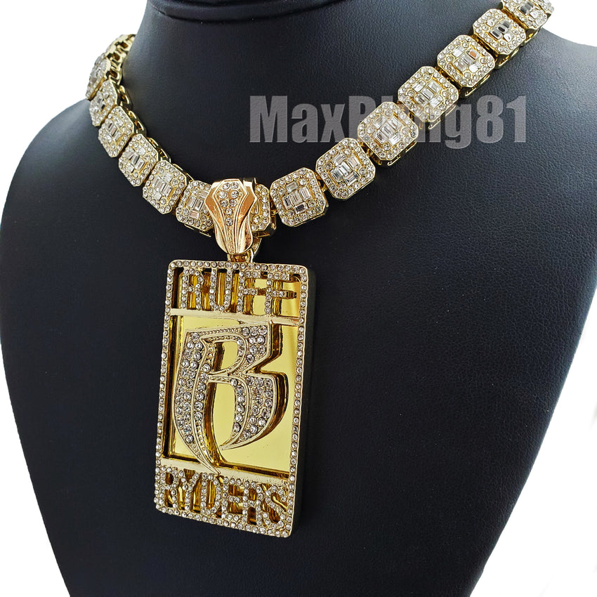 Gold Plated DMX RUFF RYDERS Pendant & 12mm 16" 18" Full Iced Baguette Choker Chain Necklace