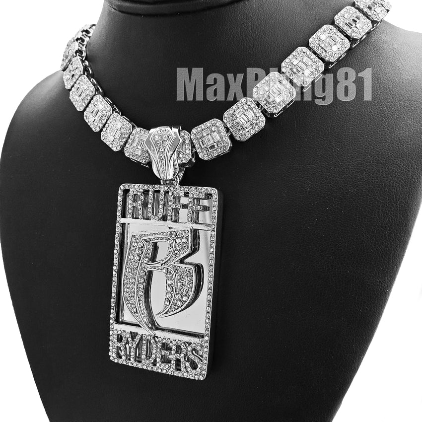 Silver Plated DMX RUFF RYDERS Pendant & 12mm 16" 18" Full Iced Baguette Choker Chain Necklace