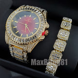 HIP HOP GOLD PT LUXURY RED DIAL WATCH & ICED BAGUETTE STONE BRACELET SET