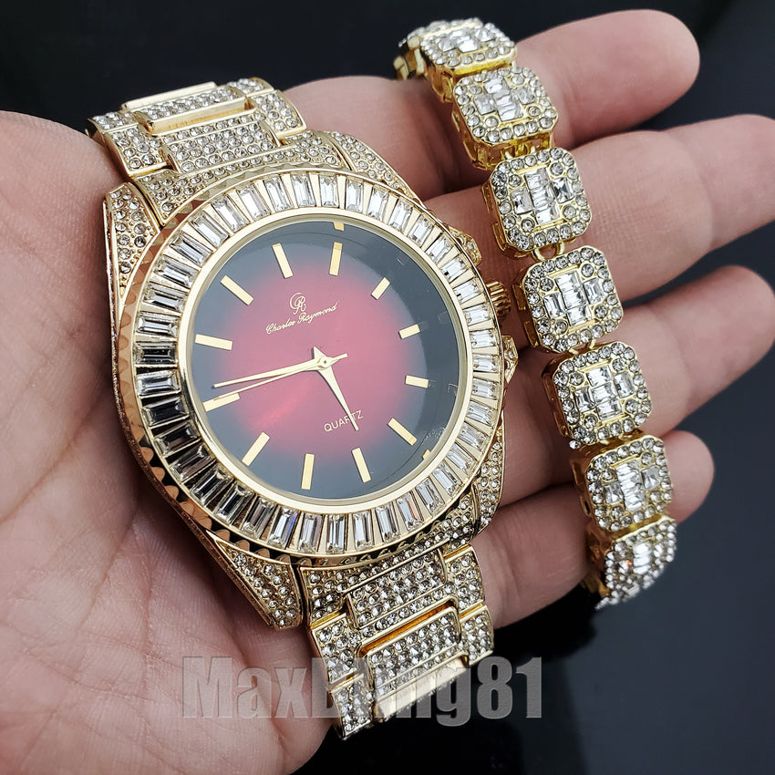 HIP HOP GOLD PT LUXURY RED DIAL WATCH & ICED BAGUETTE STONE BRACELET SET