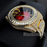 HIP HOP GOLD PT LUXURY RED DIAL WATCH & ICED BAGUETTE STONE BRACELET SET