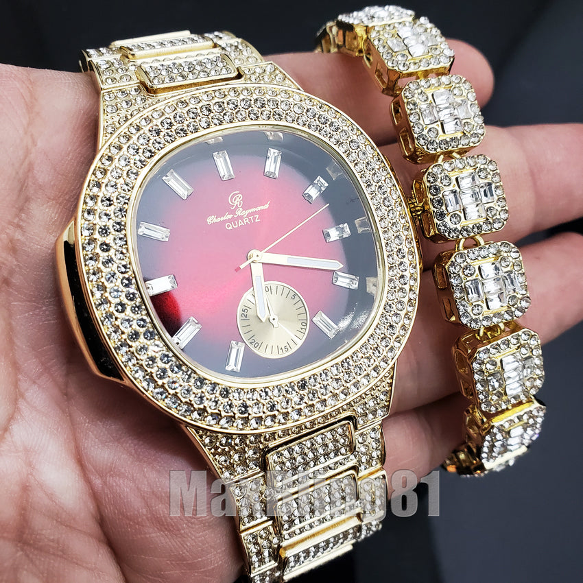 HIP HOP GOLD PT LUXURY BLING RED DIAL WATCH & ICED BAGUETTE STONE BRACELET SET