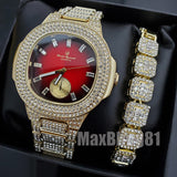 HIP HOP GOLD PT LUXURY BLING RED DIAL WATCH & ICED BAGUETTE STONE BRACELET SET