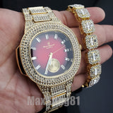 HIP HOP GOLD PT LUXURY BLING RED DIAL WATCH & ICED BAGUETTE STONE BRACELET SET