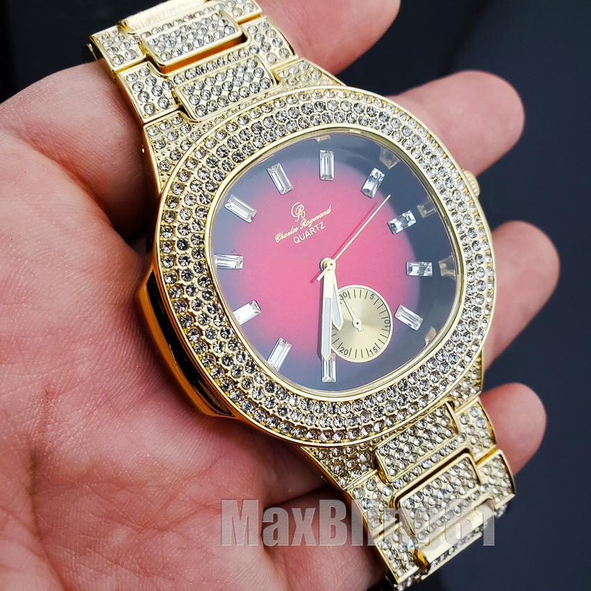 HIP HOP GOLD PT LUXURY BLING RED DIAL WATCH & ICED BAGUETTE STONE BRACELET SET