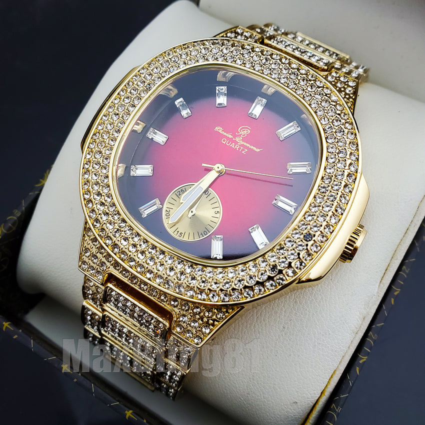 HIP HOP GOLD PT LUXURY BLING RED DIAL WATCH & ICED BAGUETTE STONE BRACELET SET