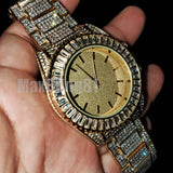 Men's Hip Hop Full Iced Gold PT Rapper Baguette Stone Bling Wrist Metal Watch