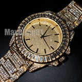 Men's Hip Hop Full Iced Gold PT Rapper Baguette Stone Bling Wrist Metal Watch