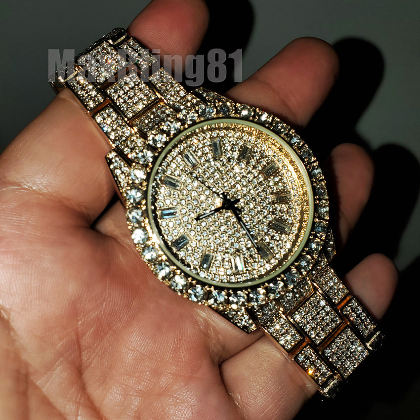 Hip Hop Full Iced Bling Gold Plated Rapper's Bling Lab Diamond Watch