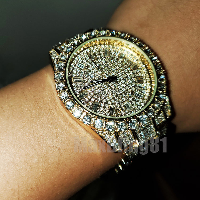 Hip Hop Full Iced Bling Gold Plated Rapper's Bling Lab Diamond Watch