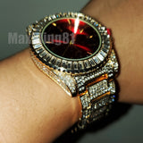 Men Hip Hop Gold Plated Iced Bling Lab Diamond Luxury Style Red Dial Metal Band Watch