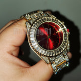 Men Hip Hop Gold Plated Iced Bling Lab Diamond Luxury Style Red Dial Metal Band Watch