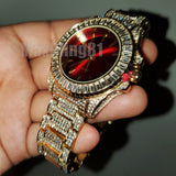 Men Hip Hop Gold Plated Iced Bling Lab Diamond Luxury Style Red Dial Metal Band Watch