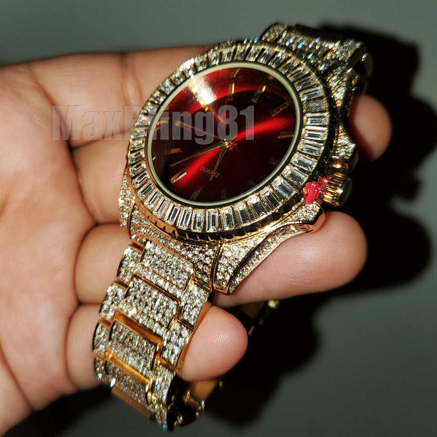 Men Hip Hop Gold Plated Iced Bling Lab Diamond Luxury Style Red Dial Metal Band Watch