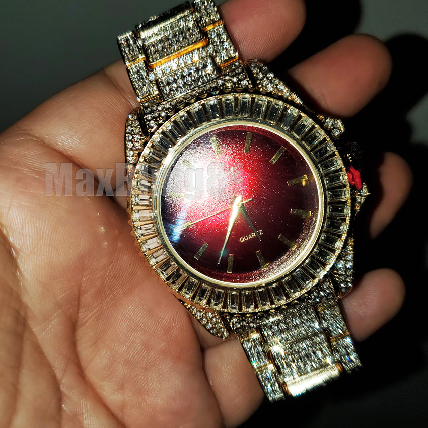 Men Hip Hop Gold Plated Iced Bling Lab Diamond Luxury Style Red Dial Metal Band Watch