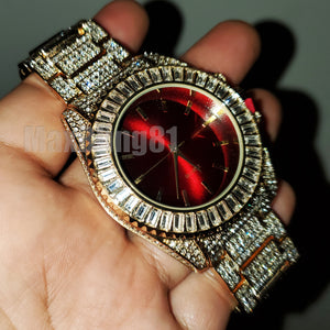 Men Hip Hop Gold Plated Iced Bling Lab Diamond Luxury Style Red Dial Metal Band Watch