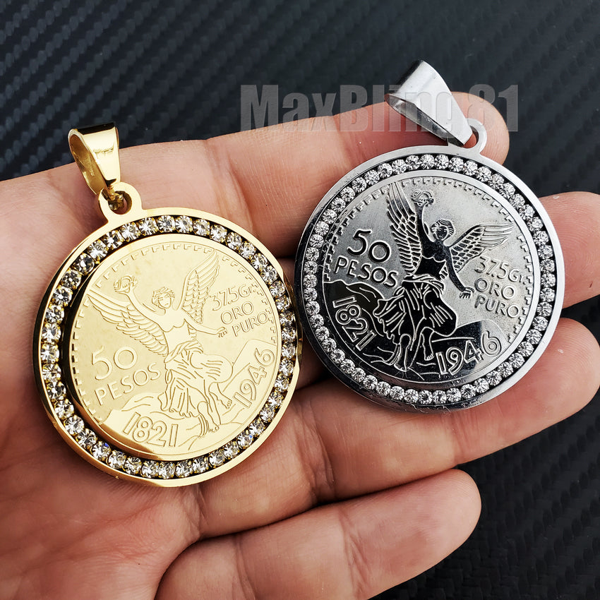 Hip Hop Stainless steel Icy 50 Pesos Centenario Mexican Coin CZ Charm Pendant