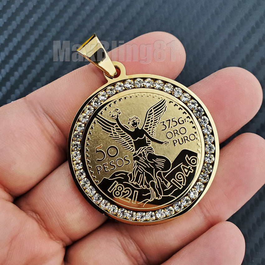 Hip Hop Stainless steel Icy 50 Pesos Centenario Mexican Coin CZ Charm Pendant