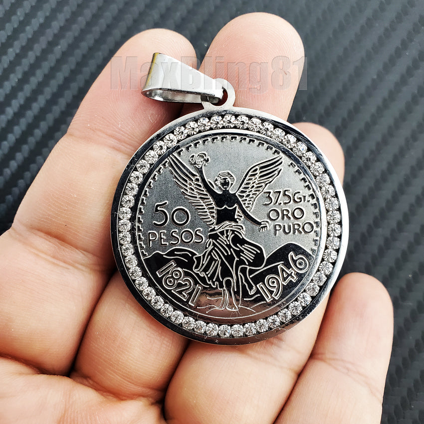 Hip Hop Stainless steel Icy 50 Pesos Centenario Mexican Coin CZ Charm Pendant