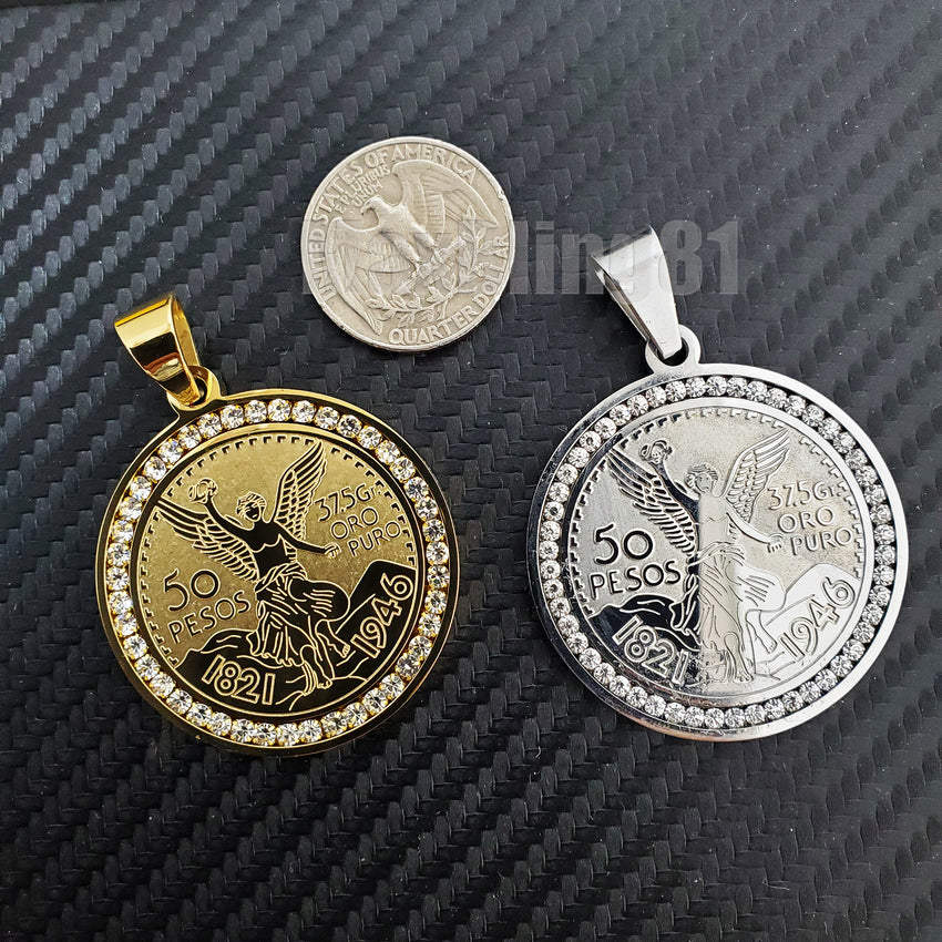 Hip Hop Stainless steel Icy 50 Pesos Centenario Mexican Coin CZ Charm Pendant