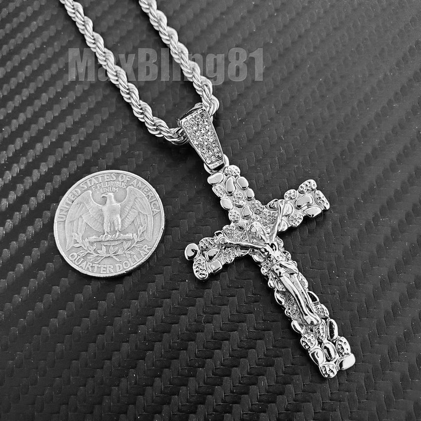 Hip Hop Iced Golden Nugget Jesus Body Cross Pendant 4mm 24" Rope Chain Necklace