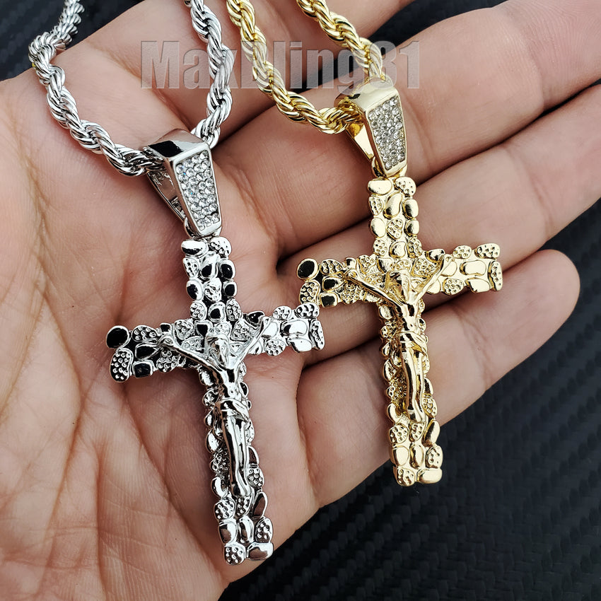 Hip Hop Iced Golden Nugget Jesus Body Cross Pendant 4mm 24" Rope Chain Necklace