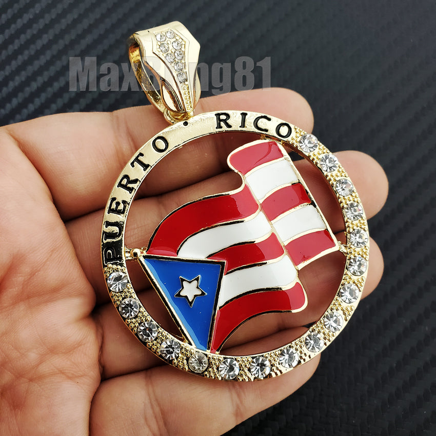 Gold Plated Large Puerto Rico Flag Medal Bling Charm Pendant