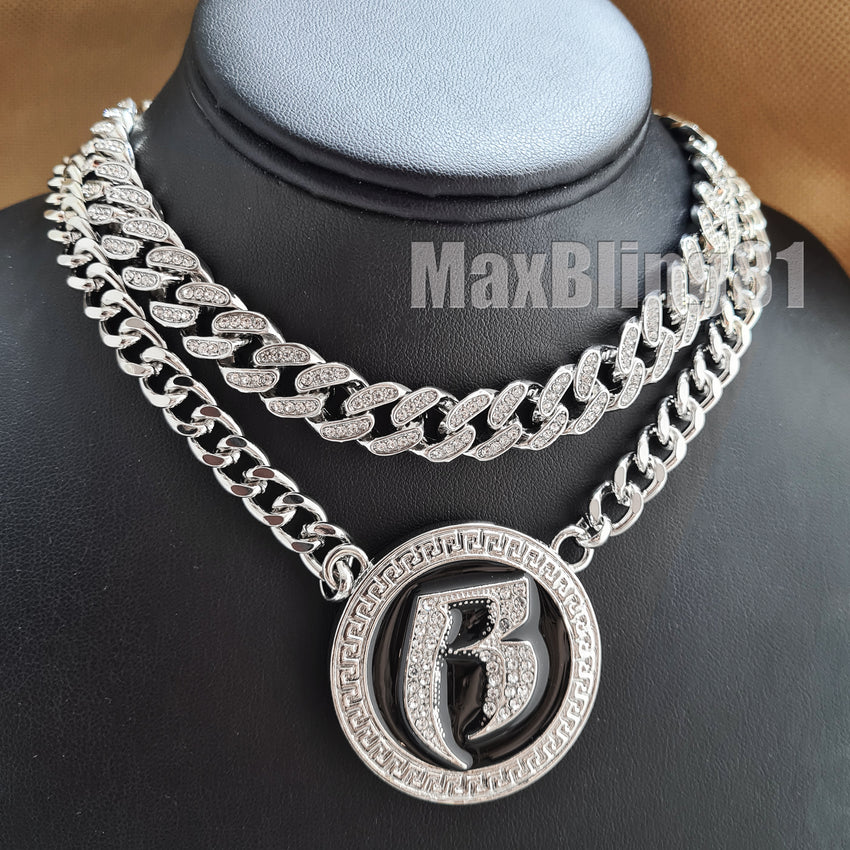RUFF RYDERS DMX R Pendant & 20" Cuban & Iced Cuban Box Lock Chain Necklace Set